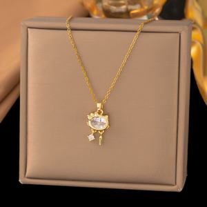 <span class=keywords><strong>Collier</strong></span> pendentif <span class=keywords><strong>chat</strong></span> mignon de style coréen MW avec diamant, chaîne en bambou unisexe, nouveau, élégant, niche, haut de gamme, cadeau de la Saint-Valentin - Product Image 2