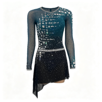 Robe de patinage artistique à manches longues, couleur bleu sarcelle et noir, avec strass, en maille, pour enfants et adultes, pour compétitions sur glace