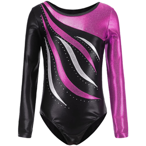 <span class=keywords><strong>Justaucorps</strong></span> de ballet pour filles en polyester à haute élasticité, doux pour la peau, imprimé or, à panneaux, col rond, manches longues, vente en gros personnalisée - Product Image 1