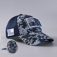 Gorra de malla con logotipo personalizado, camuflaje, bandera estadounidense, transpirable, 6 paneles, visera curva, estructura de béisbol, parche de velcro extraíble, gorra para camping