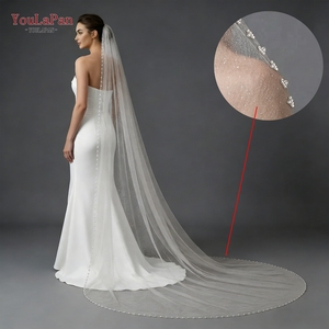 Voile de mariée cathédrale de luxe YouLaPan V179 fait main avec perles, maille scintillante monocouche <span class=keywords><strong>et</strong></span> peigne à cheveux en métal - Product Image 4