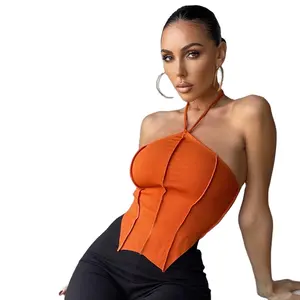 Nervürlü örme seksi Halter bandaj korse kırpma üst yaz moda kadınlar için açık omuzlu Backless yelek kırpılmış Feminino Tank üstleri