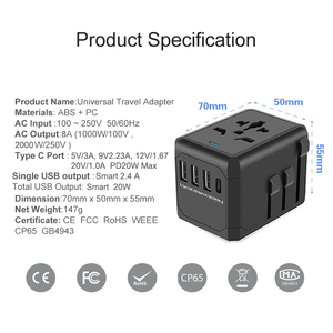 Thế Giới Quốc Tế Du Lịch Cắm Ổ Cắm <span class=keywords><strong>Adapter</strong></span> Thông Minh Loại C 20W Nhanh Chóng Sạc Du Lịch Phổ <span class=keywords><strong>Adapter</strong></span> Kit Với 4 USB - Product Image 2