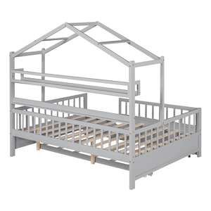 Letto a castello in legno a grandezza naturale con tetto, scaffale <span class=keywords><strong>e</strong></span> ruote estraibili, adatto per camerette di bambine o bambini - Product Image 4