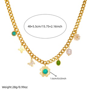 Cross Border Fashion Retro Heavy Chain White Shell Butterfly Daisy Turquoise Flower Pendant Stainless Steel Necklace - Product Image 4