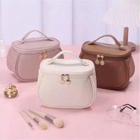 Trousse de Maquillage Grande Capacité en Cuir pour Femme, avec Poignée Souple, Fermeture Éclair, Résistante à l'Eau, Légère, pour Voyage