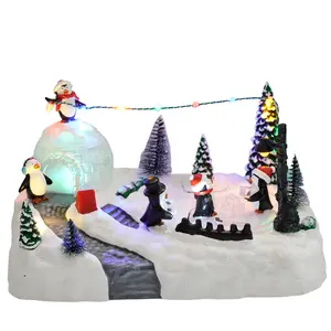 New Arrival LED Music Christmas Village Figurine With Penguin 2024 Christmas Decoration With Movement