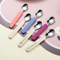 Vaisselle pour enfants en acier inoxydable avec manche plat en silicone, cuillère et fourchette, boîte de complément alimentaire pour bébé, couleur contrastée, vente en gros