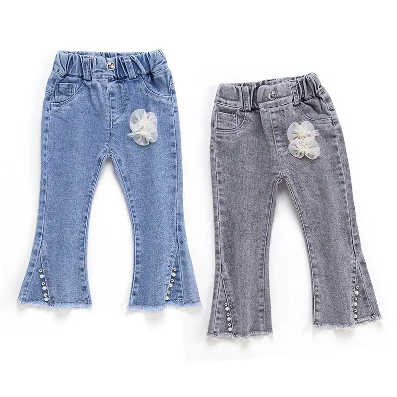 Wholesale Kids jeans Spandex Elastic Waist pants Children girls' pants 2-5year 2022 Winter Beaded girls bell bottom jeans