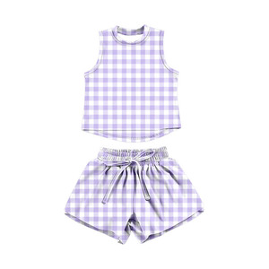 GSSO3474 Custom active girl light green plaid print outfits kids wholesale girl yoga child <b>Athletic</b> summer shorts sleeve set - Product Image 4