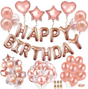 Artículos para Fiesta de Cumpleaños en Oro Rosa, Banner de Feliz Cumpleaños, Globos de Estrella y Corazón, Set de Decoración para Fiesta de Cumpleaños en Oro Rosa - Product Image 1