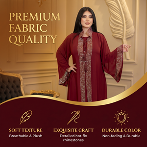 ชุดอาบายะห์เปิดหน้าแบบพรีเมียม สีแดง ผ้าชีฟอง แต่งขอบด้วยฮอตฟิกซ์ แขนยาว พร้อมชุดซับใน สำหรับงานอีด งานเลี้ยง และโชว์ในร้านบูติก - Product Image 2