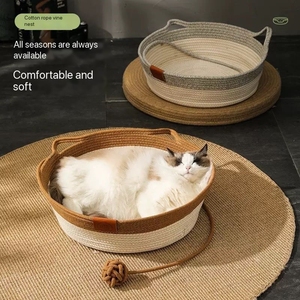 Venta al por mayor, camas redondas de ratán para gatos y perros, nido de Puga tejido a mano con cómoda alfombrilla redonda - Product Image 1