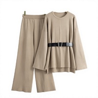 Ensemble deux pièces élégant pour femme, mode automne-hiver, haut en tricot ample respirant uni avec ceinture, pantalon à jambes larges taille haute