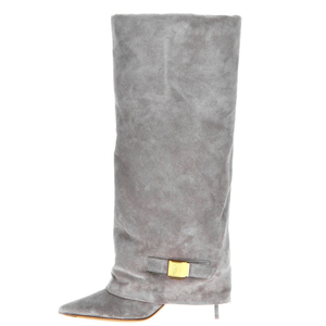 Botines de tacón alto fino con punta, estilo superpuesto, de gamuza, para mujer, con decoración metálica, hasta la rodilla - Product Image 4