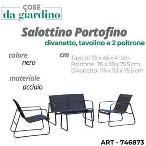Set Completo Portofino per Soggiorno con Divano, 2 Poltrone e Tavolino da Caffè Nero per Uso in Giardino - Product Image 1
