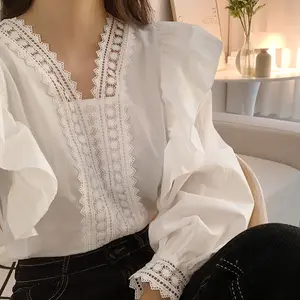 L5152 бутик оптовая продажа Корейская шикарная черная белая блузка с оборками V-образным вырезом и длинным рукавом милая блузка Топы для женщин 5