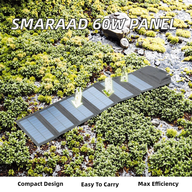 SMARAAD 60W Portable Foldable Solar Panel Mini Six Slices USB Charger Outdoor High Power MC Output IP65 Waterproof Type-C CE