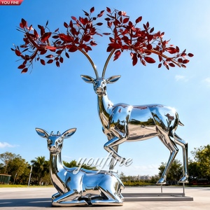 Scultura di <span class=keywords><strong>Cervo</strong></span> in Acciaio Inossidabile Lucidato a Specchio YOUFINE <span class=keywords><strong>con</strong></span> <span class=keywords><strong>Corna</strong></span> a Foglia Rossa per Decorazione di Parchi Urbani e Turismo Culturale - Product Image 2