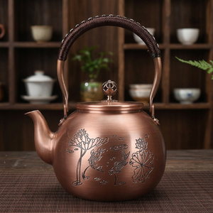 Traditional Chinese Metal Tea Kettle With <b>Lid</b> And Handle Copper Color Floral Design Water <b>Pot</b> - Product Image 3
