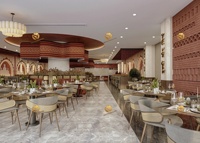Plan de Disposition de Mobilier 3D Personnalisé : Ensemble de Chaises en Rotin et Table en Marbre pour Service de Design d'Intérieur de Restaurant Indien