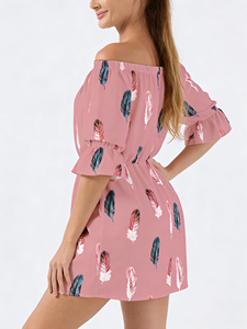 Robe d'été décontractée pour femme, à épaules dénudées, imprimé plumes, longueur genou, manches évasées, taille naturelle - Idéale pour le club et le quotidien - Product Image 5