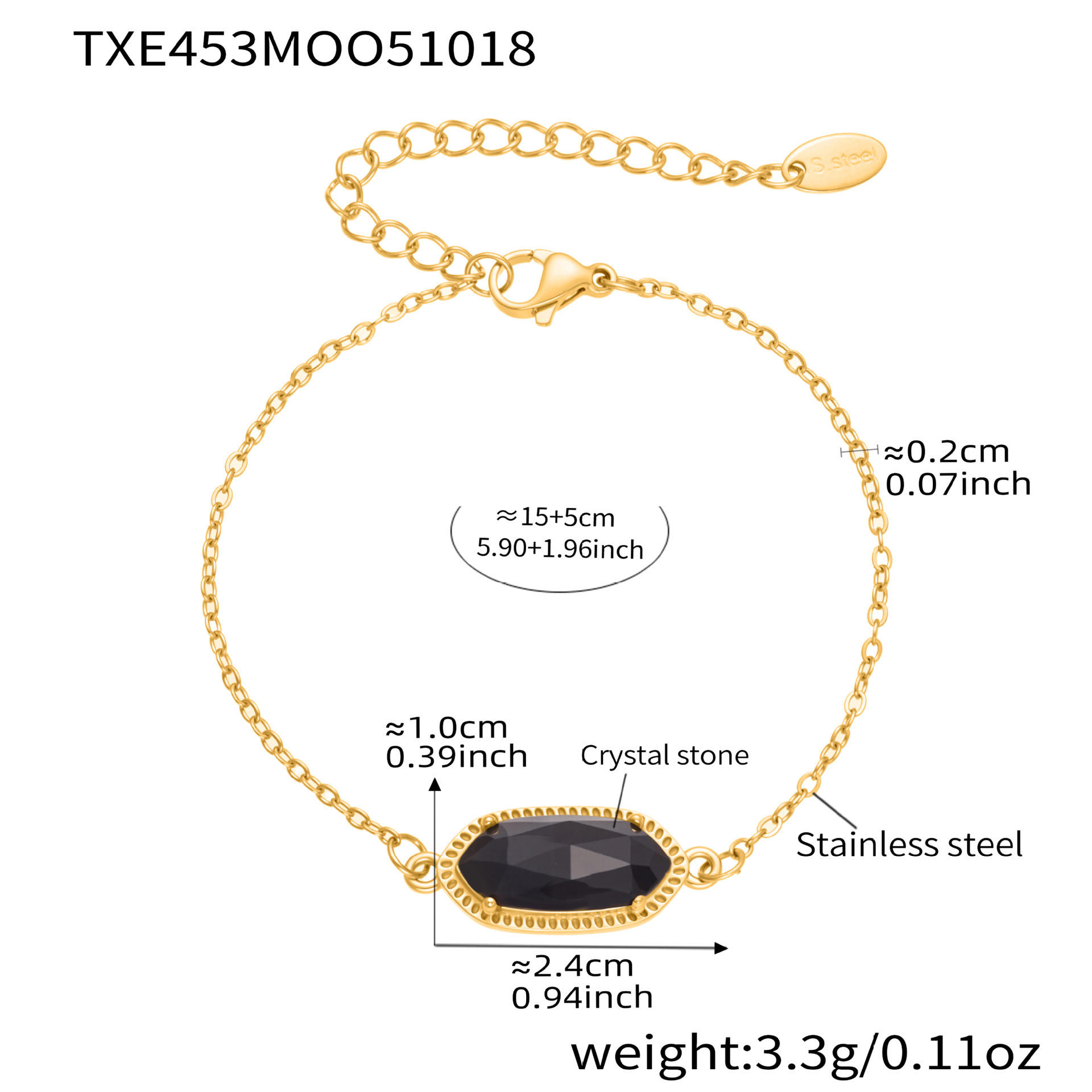Txe453-black stone bracelet 15 5cm