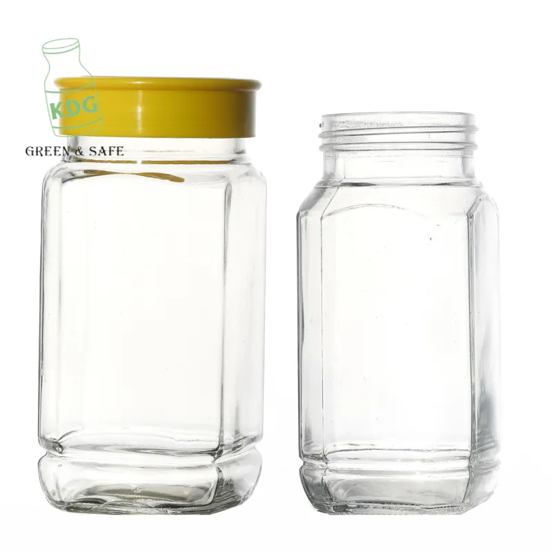 Kdg Merk Groothandel Op Maat Populaire 350G 500G Glazen Pot Drank Voor Honingvoedsel Glaswerk Voedselverpakking Met Plastic Deksel