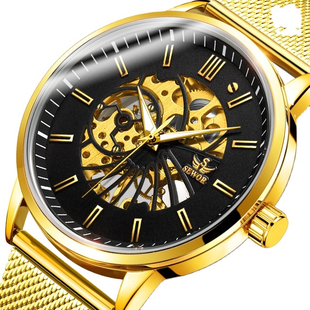 SEWOR 1827 Brand Waterproof Men Automatic / Manual Mechanical Wrist Watches Fashion Hollow Dial Mesh Steel Strap Luxury Watch