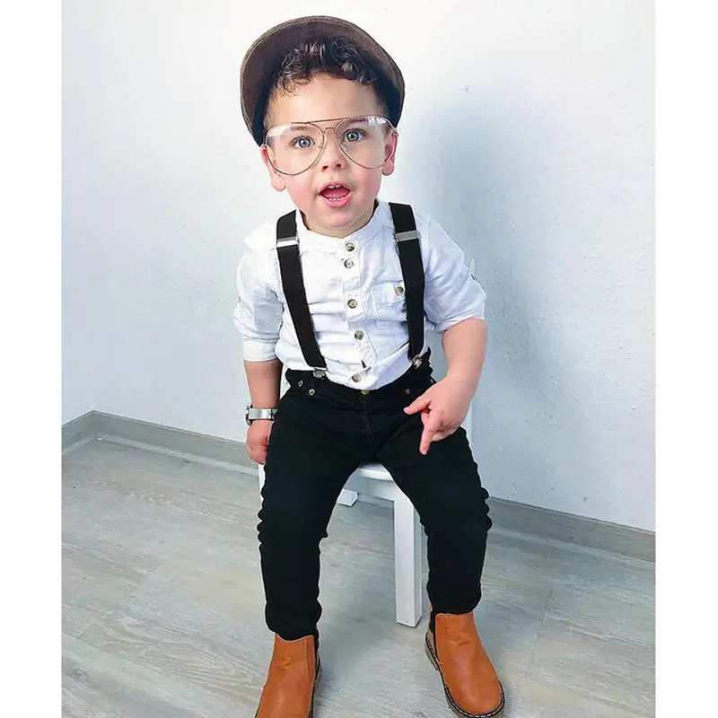Toddler Boys Gentleman Style Party Dress Clothing Sets 2024 New Baby Boys White Shirt Black Straps Pants 3pcs Boys Clothing Sets