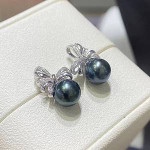10-11mm Aurora Peacock Green Tahitian Pearl <b>Stud</b> Earrings, Iridescent Seawater Pearl Slight Blemish, 925 Sterling <b>Silver</b> Jewelry - Product Image 2