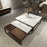 Table basse carrée italienne marron de luxe moderne en pierre, marbre, bois de noyer, design contemporain élégant