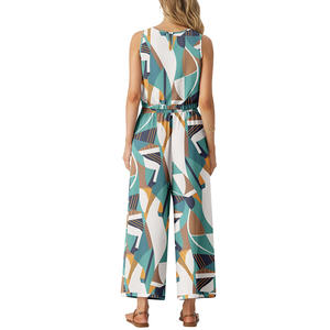 All'ingrosso due pezzi set di <span class=keywords><strong>lino</strong></span> di cotone per le donne moda stampa senza maniche girocollo Crop Top con tasche larghe pantaloni - Product Image 2