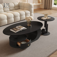 Table basse ovale incurvée en pierre frittée de marbre blanc avec tiroir de rangement cannelé, table à thé et table d'appoint ronde combinées