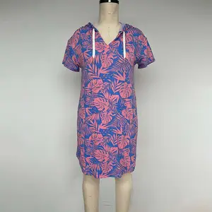 Rote Blume gedruckt Sommer Terry Cloth Damen Homewear Chinesische Nachtwäsche Nacht Pyjama Hoodies