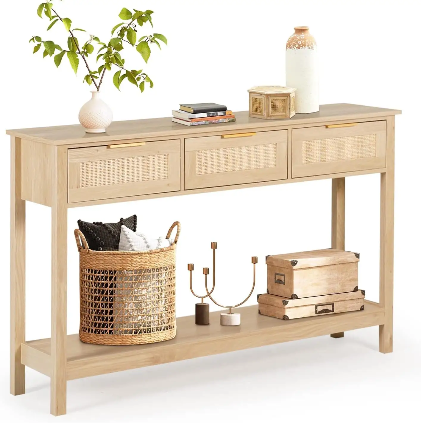 Rattan Console Table Entryway Table Open Storage storage desk Hallway Foyer Table with 3Drawers Home Furniture