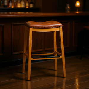 Natural Finish 30 Bar <b>Stool</b> With Saddle <b>Leather</b> Seat Wood Base Contemporary Design For Bar Use - Product Image 2