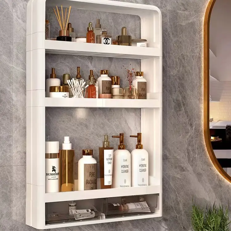 Estante de baño de esquina de plástico multicapa, estante de almacenamiento montado en la pared sin perforación, organizador de cosméticos y maquillaje