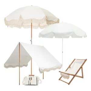 2023 Hot Trend playa ocio parasol conjunto playa de madera borlas paraguas Silla de ratán y cesta de picnic