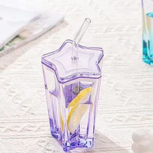 Bicchiere in Vetro a Forma di Stella a Cinque Punte Altamente Attraente, con Cannuccia Colorata, Antigoccia, Gradiente, per Bevande Fredde, con Coperchio, <span class=keywords><strong>Design</strong></span> Creativo, per Caffè - Product Image 6