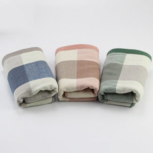 Serviette en gaze de coton pur 35x75 cm, épaisse, absorbante, rectangulaire, pour salle de bain, rose, verte, bleue, motif à carreaux - Product Image 1