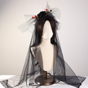 European American <b>Black</b> Skull Mesh Veil Simulation <b>Rose</b> Lace Edge Accessories Halloween Birthday Holiday Headband Costume - Product Image 6