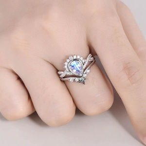 Beautiful Pear Cut 925 <b>Sterling</b> <b>Silver</b> Rhodium Plated Natural Moonstone Eternity Band Wedding & Anniversary <b>Ring</b> <b>Sets</b> - Product Image 3