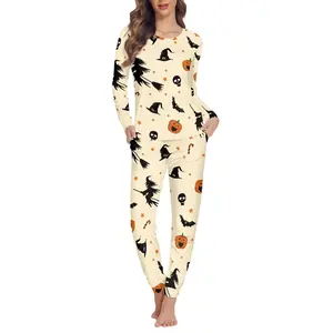 Traje de dormir de Halloween a la moda personalizado estampado a pedido patrón de murciélago fantasma pijamas de mujer conjunto de dos piezas Estilo clásico