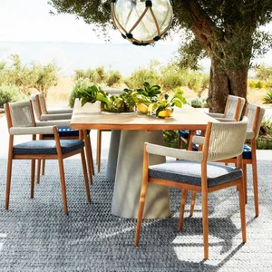 现代户外全天候餐具柚木餐桌带椅子编织绳露台餐具