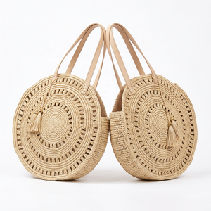 Natural <b>Raffia</b> Woven Round Tote Bag with Tassel Luxury Bohemian Shoulder <b>Handbag</b> Two Straps for Beach Travel up to 1L Capacity - Product Image 3