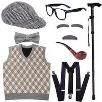 Costume de Vieil Homme pour Enfants Garçons : Gilet, Chapeau, Moustache et Lunettes – Tenue de 100 Jours d'École, Halloween, Gilet Pull de Grand-Père