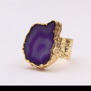 Vente en gros, conception simple, plaqué or, pierre unique, fait à la main, anneau réglable, tranche d'agate, bague druzy, bijoux en pierre précieuse, bague - Product Image 2