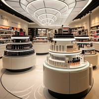 Vitrine de présentation cosmétique ronde éclairée par LED de luxe, sur mesure, à plusieurs niveaux, pour boutique de beauté