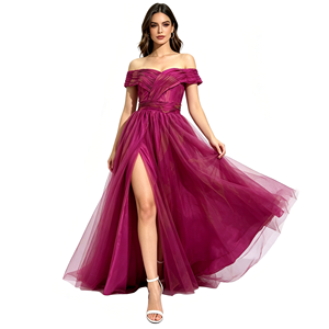 Elegante Abito da Sera da Donna <span class=keywords><strong>con</strong></span> Spalle Scoperte, in Tulle, <span class=keywords><strong>con</strong></span> <span class=keywords><strong>Spacco</strong></span> Laterale, <span class=keywords><strong>Lungo</strong></span>, Formale, per Ballo di Fine Anno/Festa, in Poliestere, Linea ad A - Product Image 5